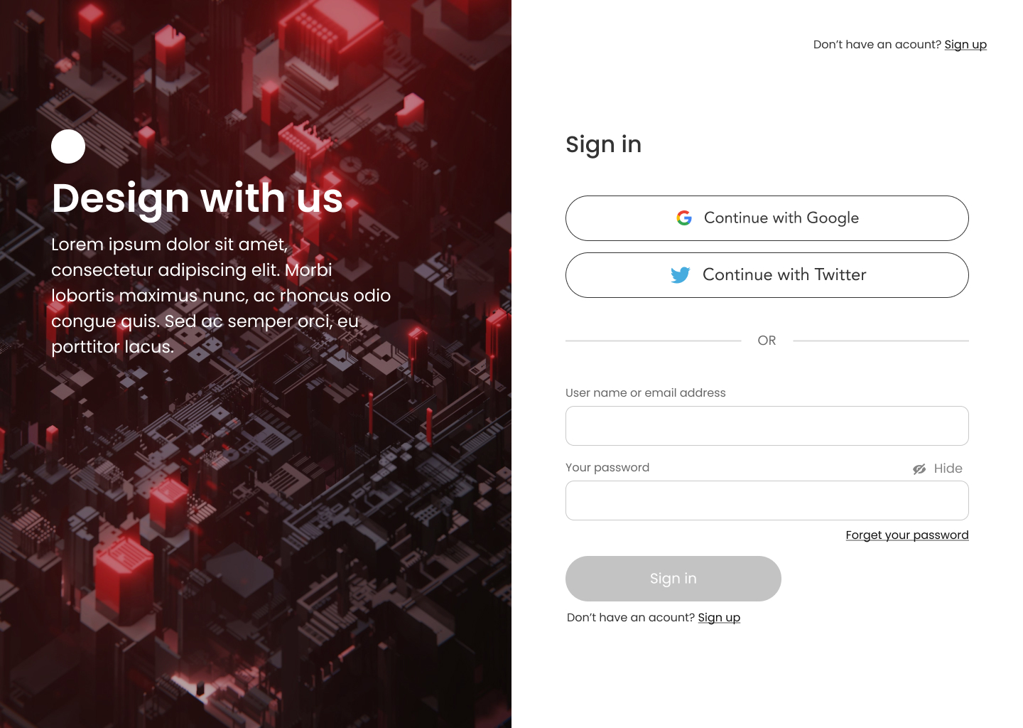 Modern split-screen login interface with isometric cityscape background
