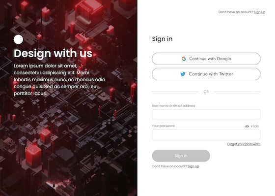 Modern split-screen login interface with isometric cityscape background