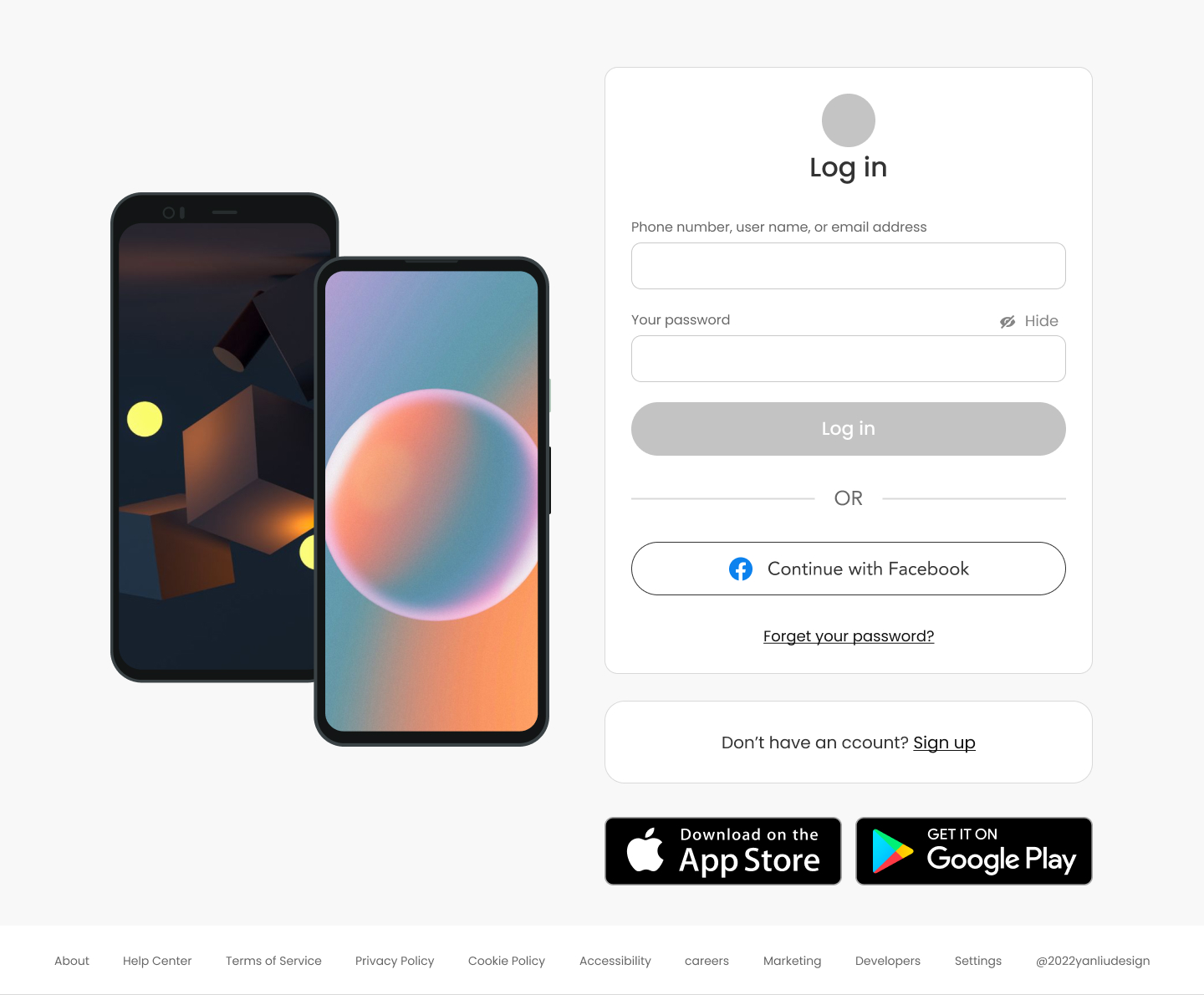 Modern login interface with smartphone and app download icons